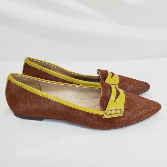 All Black /Anthropologie Brown Citron Patent Leather Pony Hair Loafer Flat 40EU - Picture 4 of 10